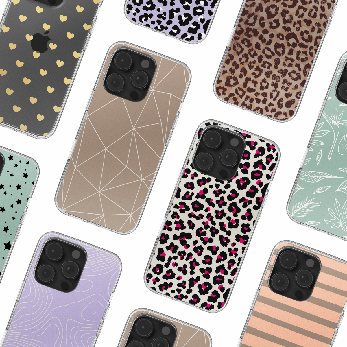 Meerdere telefoonhoesjes met verschillende patronen. De hoesjes staan op een witte achtergrond.