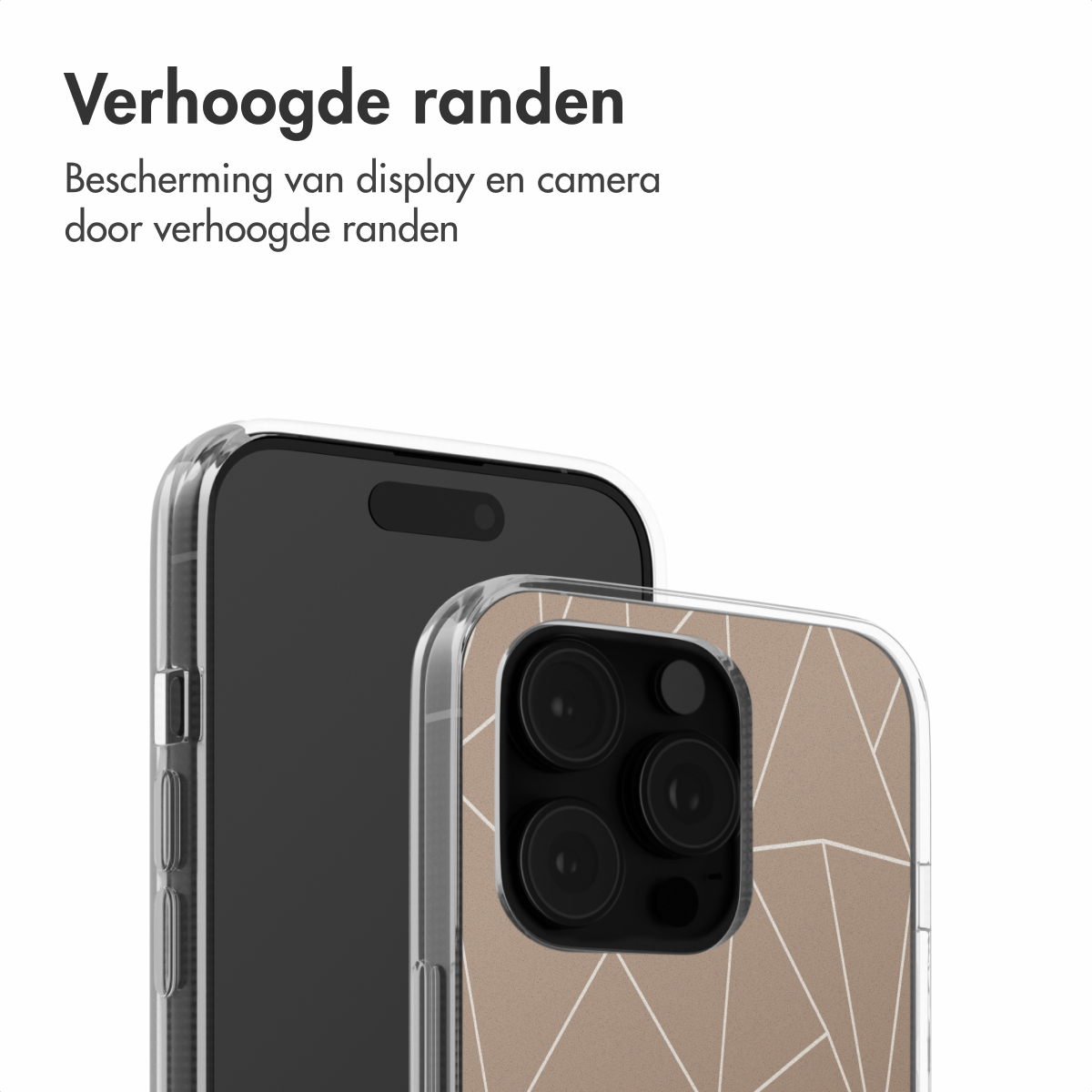 Telefoon in een doorzichtige hoes met een beige geometrisch patroon. De hoes heeft verhoogde randen.