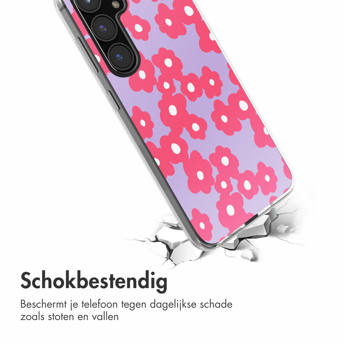 Een telefoon in een roze bloemenhoesje, op een gebarsten oppervlak.