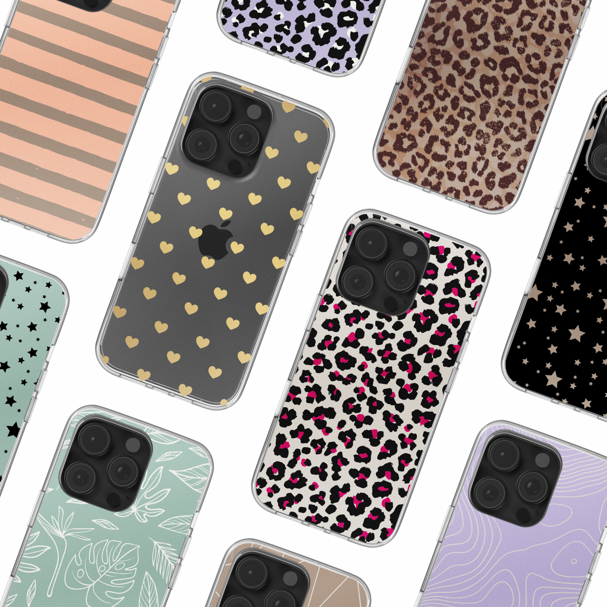 Meerdere telefoons met verschillende telefoonhoesjes met verschillende patronen.