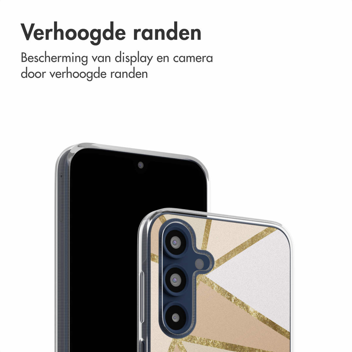 Twee telefoons, één met een doorzichtige hoes, geometrisch ontwerp, en de andere zwart.