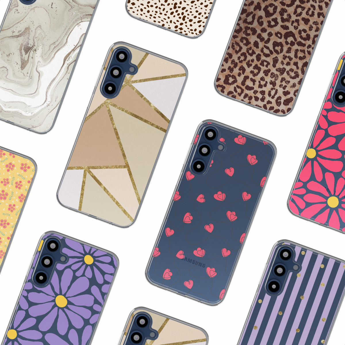 Een verscheidenheid aan telefoonhoesjes met verschillende patronen, met telefoons erin. De hoesjes bevatten bloemen- en geometrische ontwerpen.