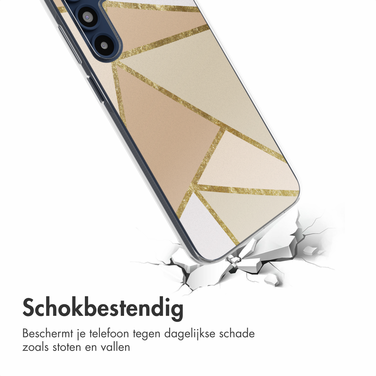 Telefoonhoesje met geometrisch beige en goud design, schuin, gebarsten grond.