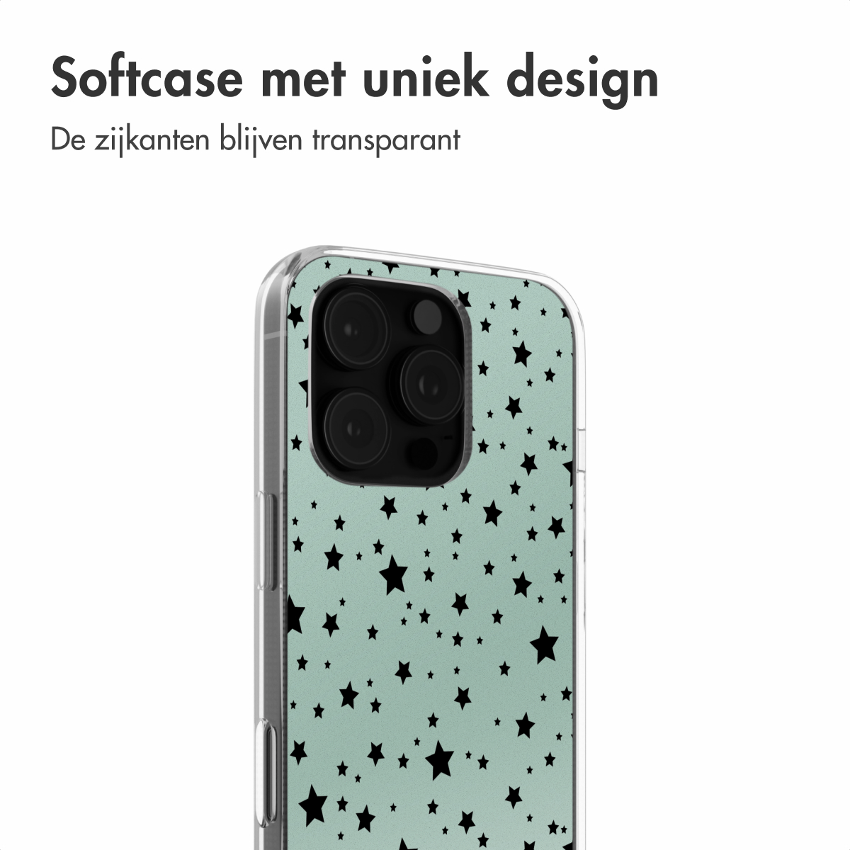 Transparante telefoonhoes met groene achtergrond en zwarte sterren. De camera is zichtbaar.