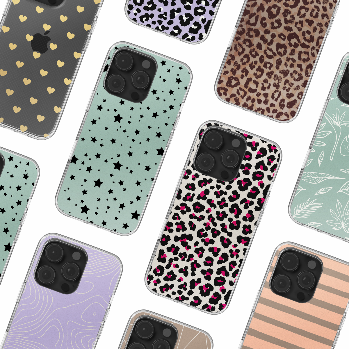 Verzameling telefoonhoesjes met verschillende patronen: harten, sterren en luipaardprint.