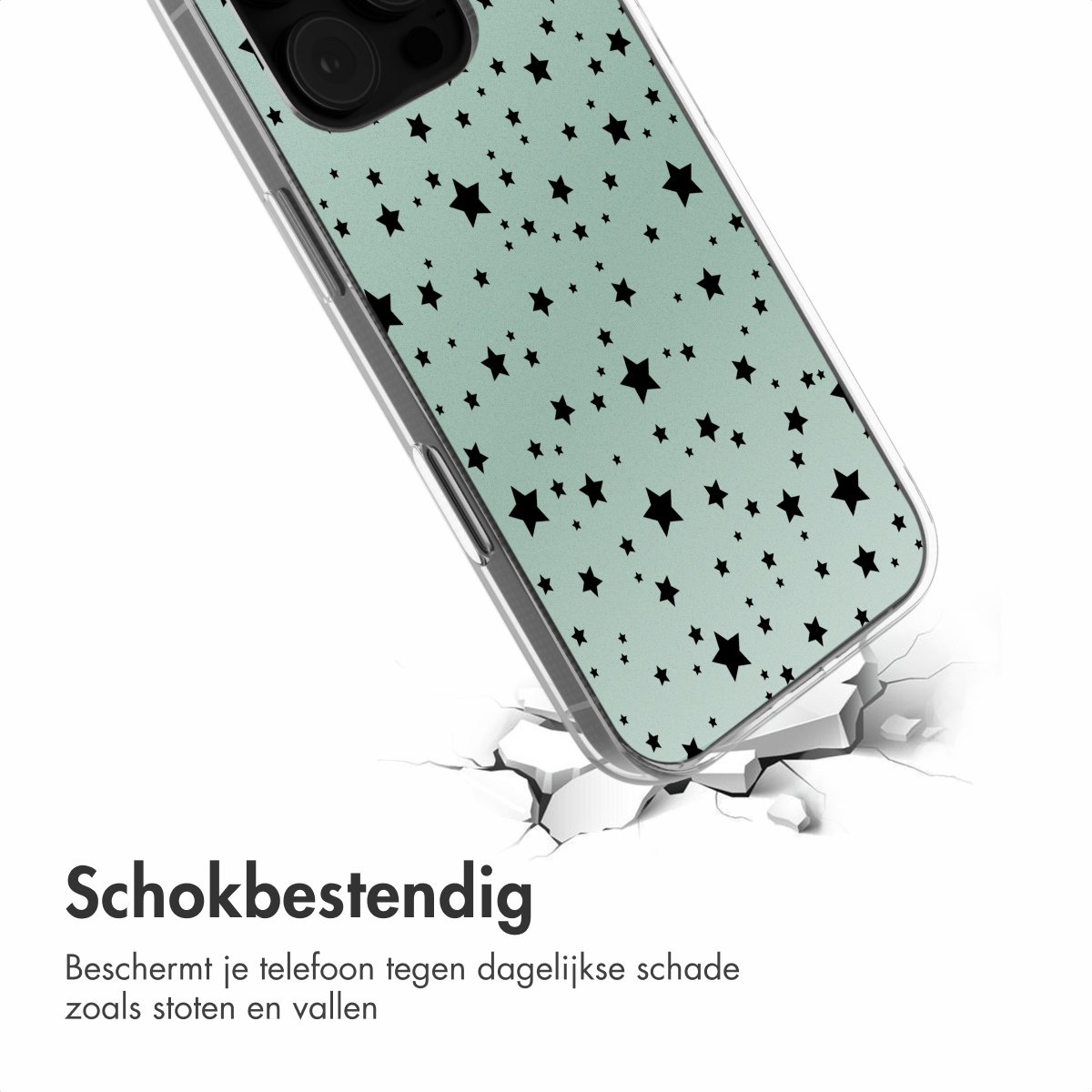 Een telefoonhoesje met een sterrenpatroon, liggend op een oppervlak, met scheuren eronder.