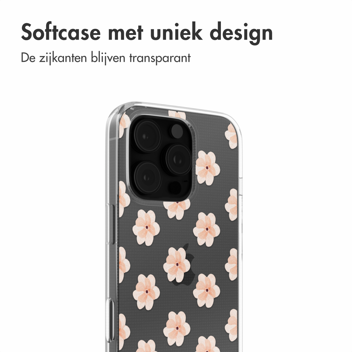 Een telefoonhoesje met een transparant design en een roze bloemenpatroon.