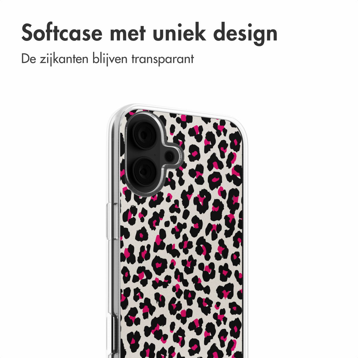 Een telefoonhoesje met een luipaardprint. Transparante zijkanten met roze en zwarte vlekken.
