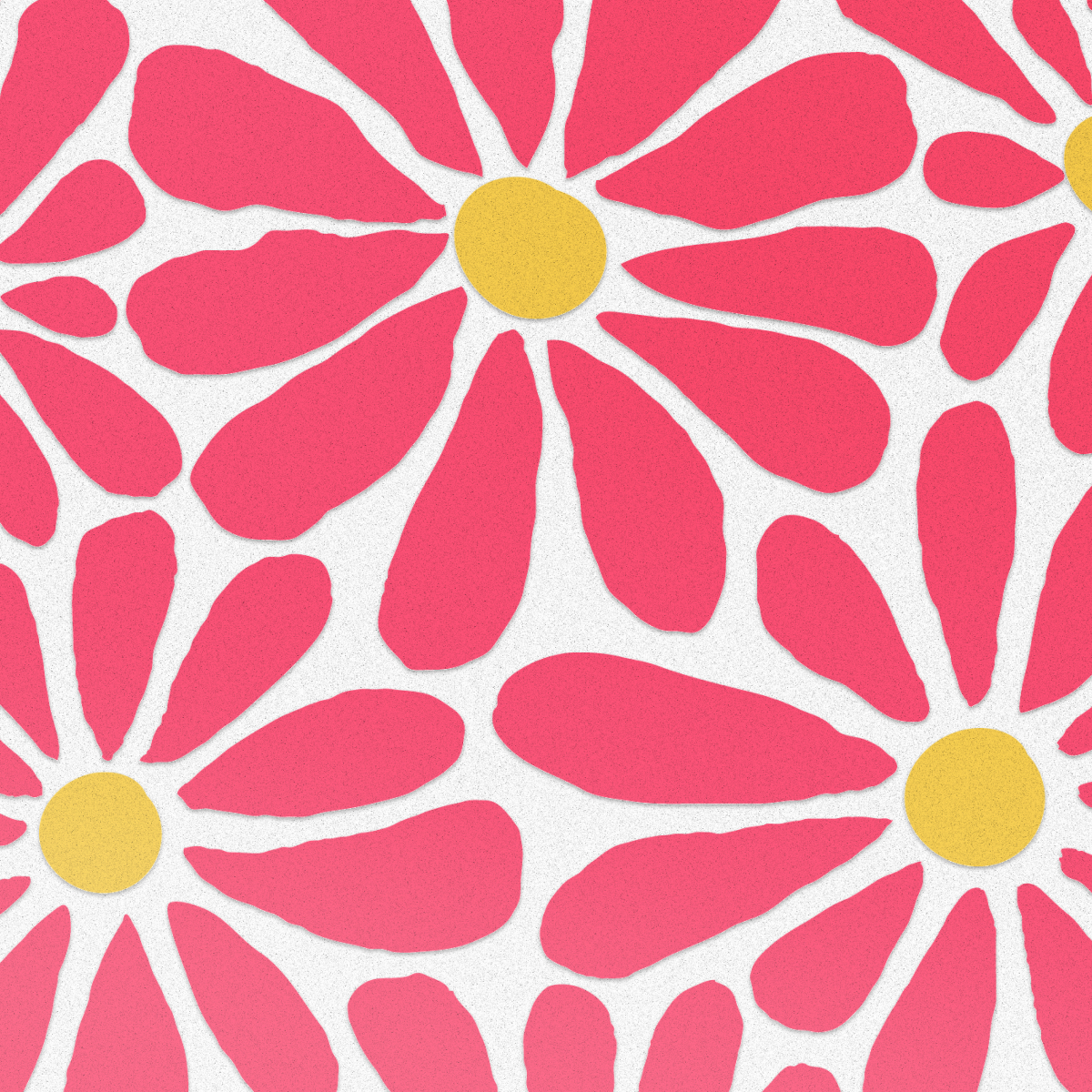 Roze madeliefachtige bloemen met gele centra op witte achtergrond. Het patroon is dicht.