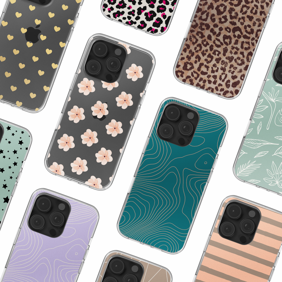 Verscheidenheid aan telefoonhoesjes met unieke ontwerpen, waaronder bloemen, luipaardprint en geometrische patronen.