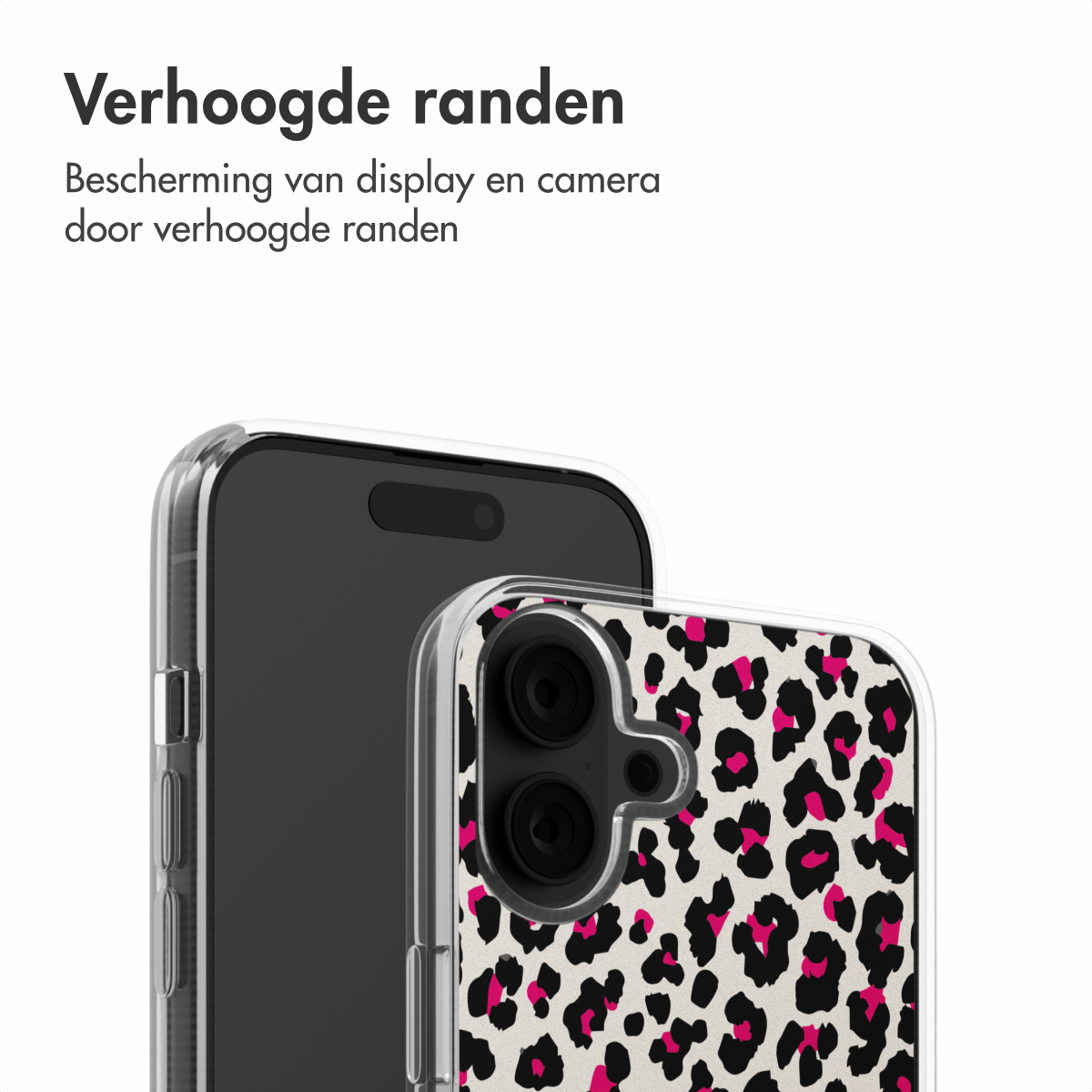 Een telefoon in een doorzichtige hoes met een luipaardprint.