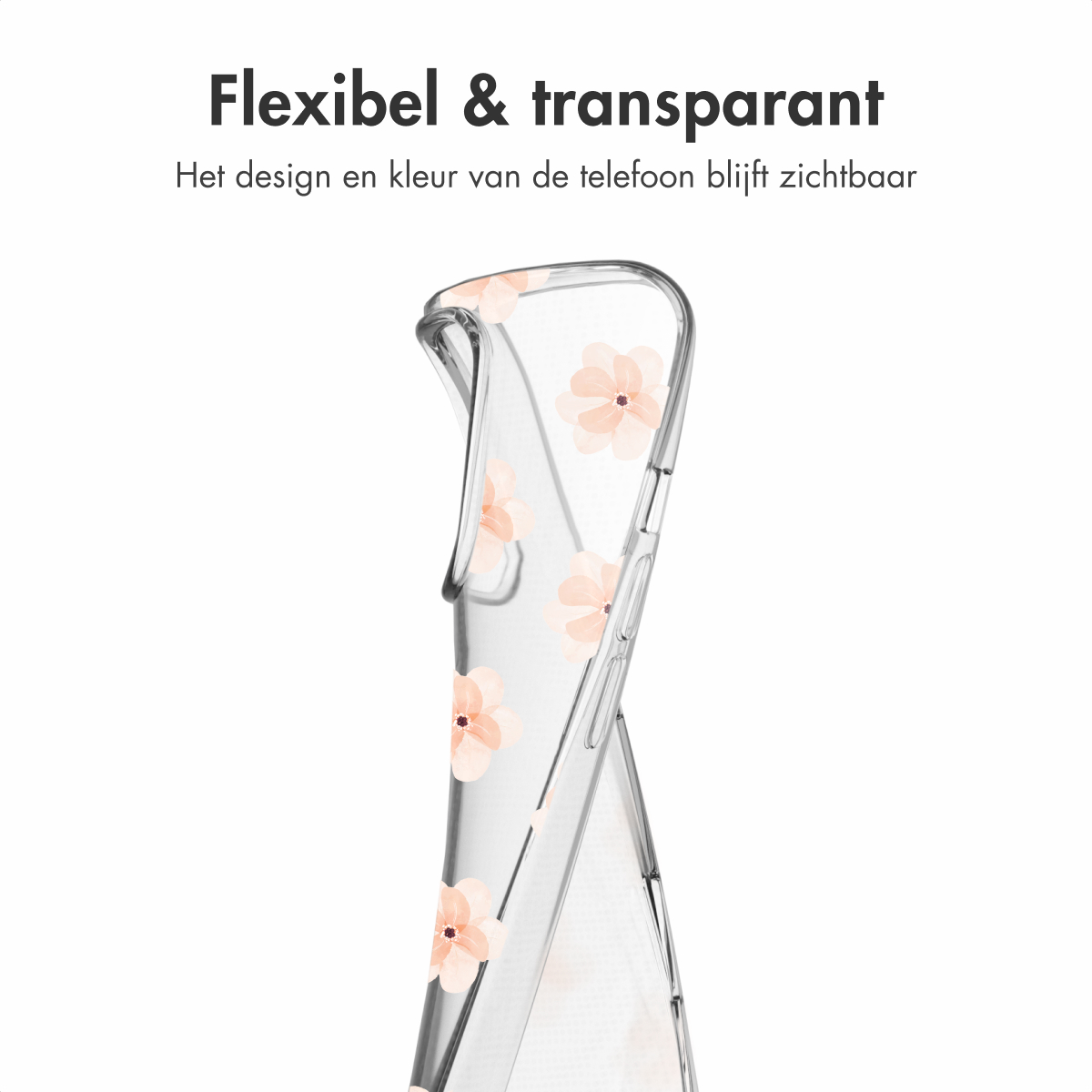 Transparante telefoonhoes met roze bloemen. Het ontwerp en de kleur van de telefoon zijn zichtbaar. Witte achtergrond.