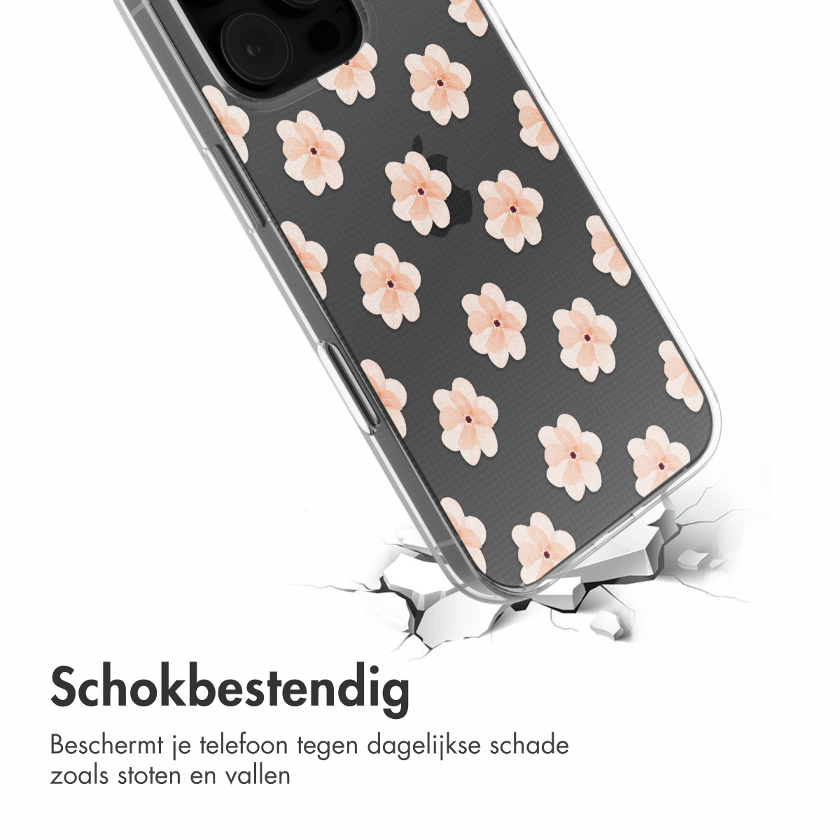 Telefoonhoesje met roze bloemenpatroon, op een zwarte telefoon. Scheuren verschijnen op het witte oppervlak.