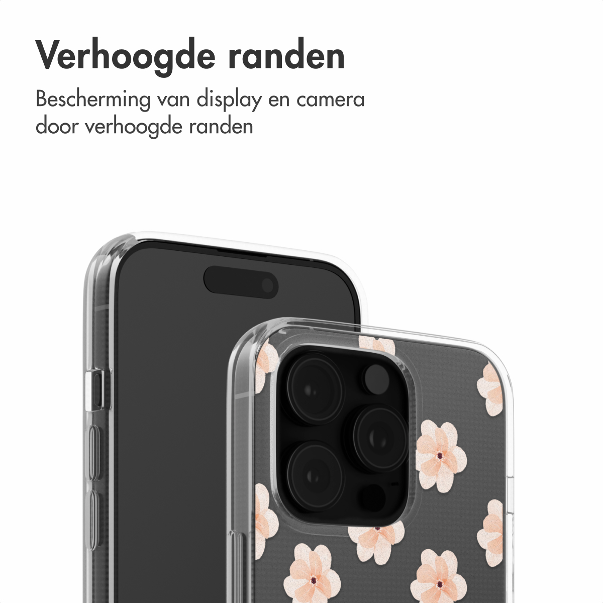 Telefoon met bloemenhoes, close-up van verhoogde randen voor bescherming.