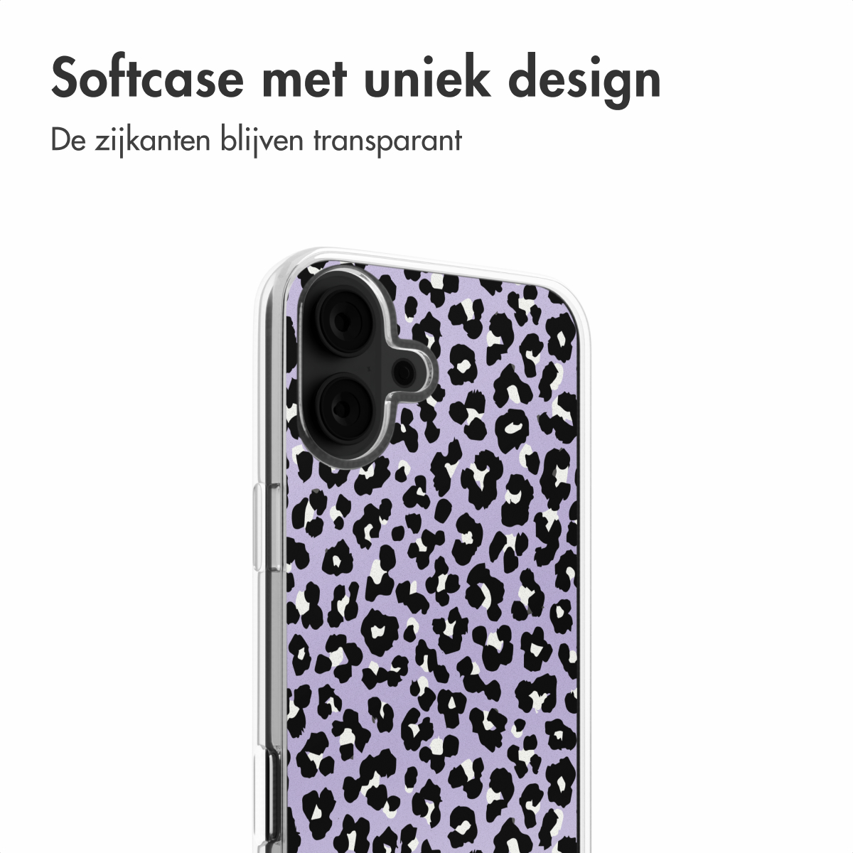 Een telefoonhoesje met een paarse luipaardprint, met een transparante zijkant.