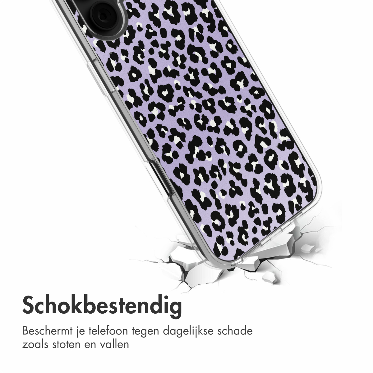 Telefoonhoesje met luipaardprint op een paarse achtergrond. De telefoonhoes valt en er verschijnen scheuren.