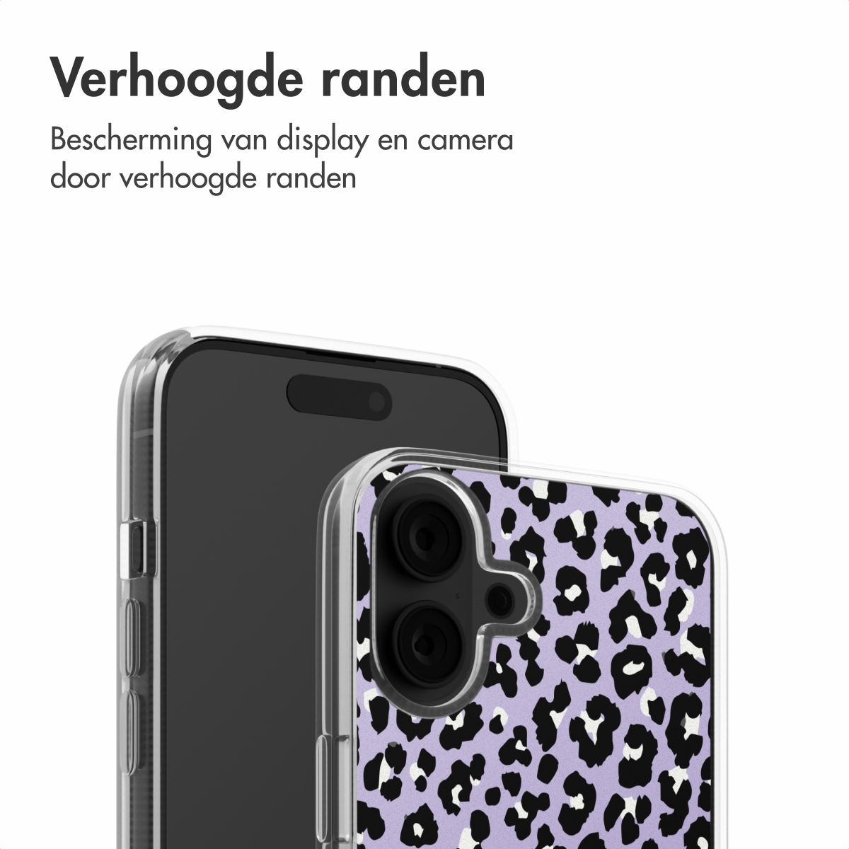 Twee telefoons, één met een doorzichtige hoes. De andere heeft een luipaardprint hoes.