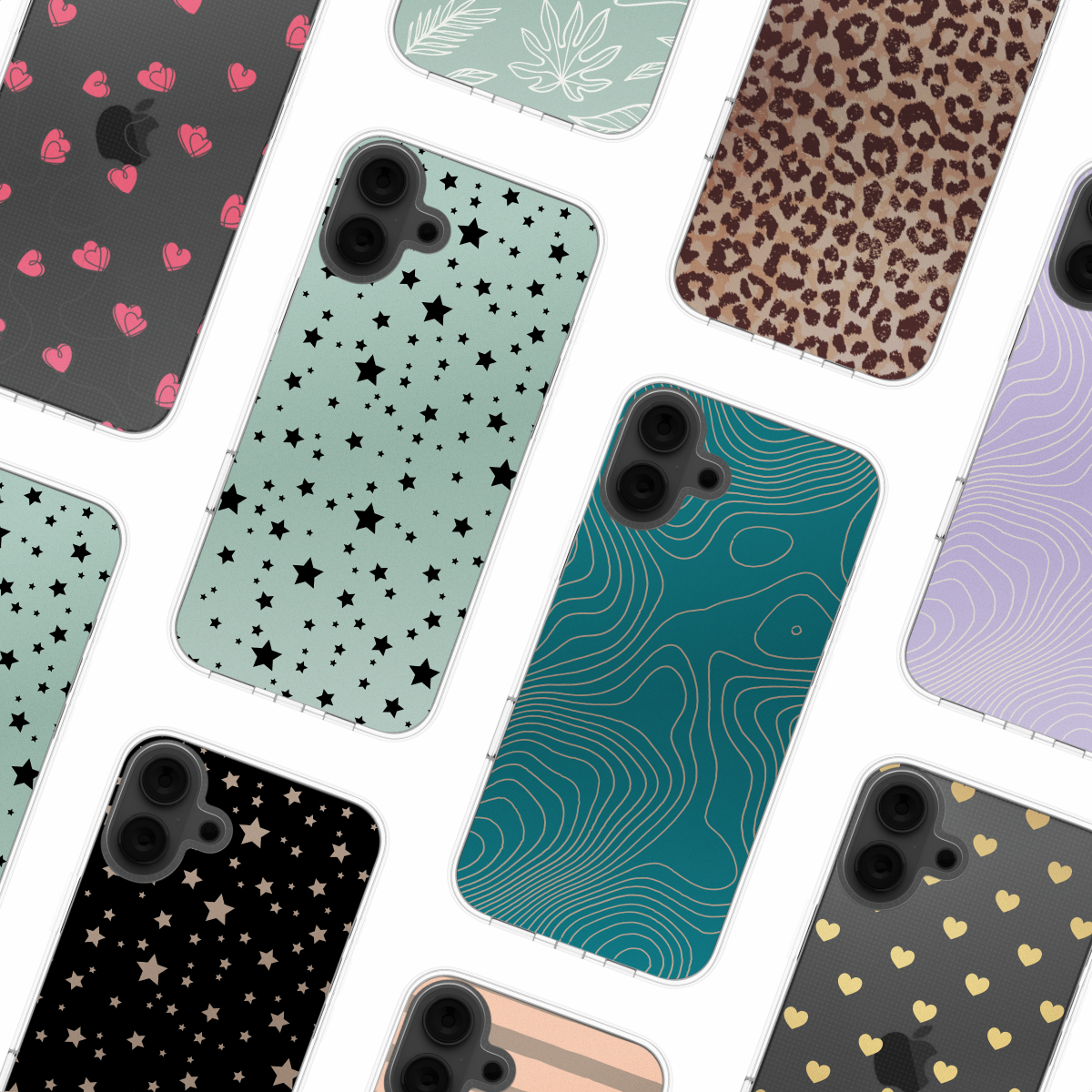 Telefoonhoesjes met verschillende patronen. Harten, sterren, luipaardprint en andere ontwerpen.