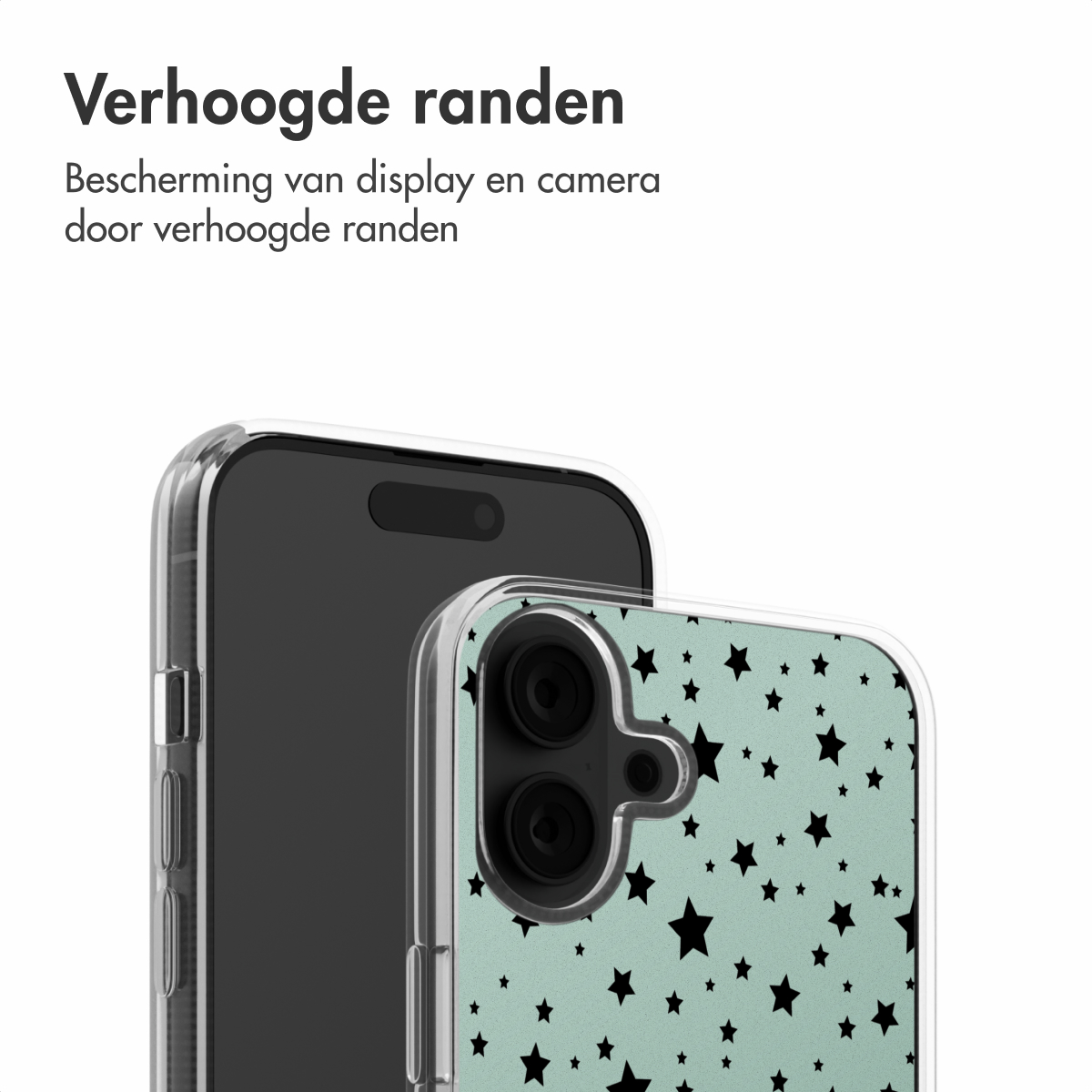 Een telefoonhoesje met een sterrenpatroon, geplaatst over een telefoon. De hoes heeft verhoogde randen.