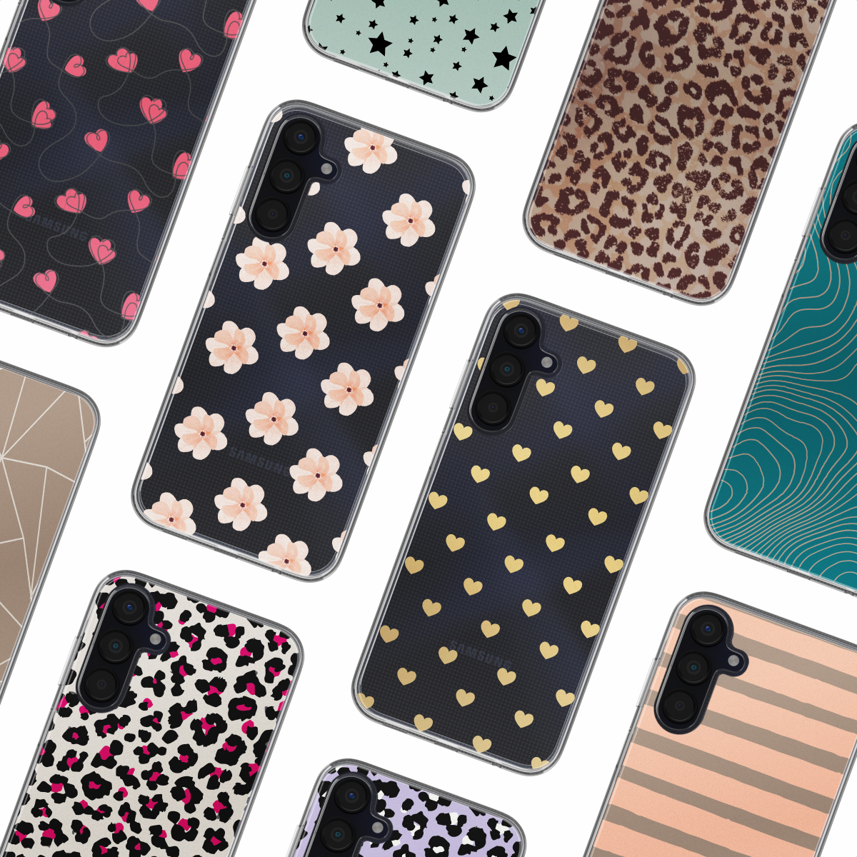 Assortiment de coques de téléphone avec divers motifs. Coeurs, fleurs, imprimé léopard, étoiles et rayures.