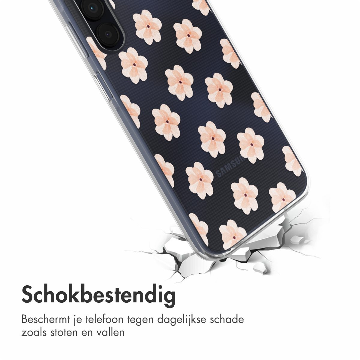 Une coque de téléphone avec un motif floral jaune, souple et transparente, montrant le design du téléphone.