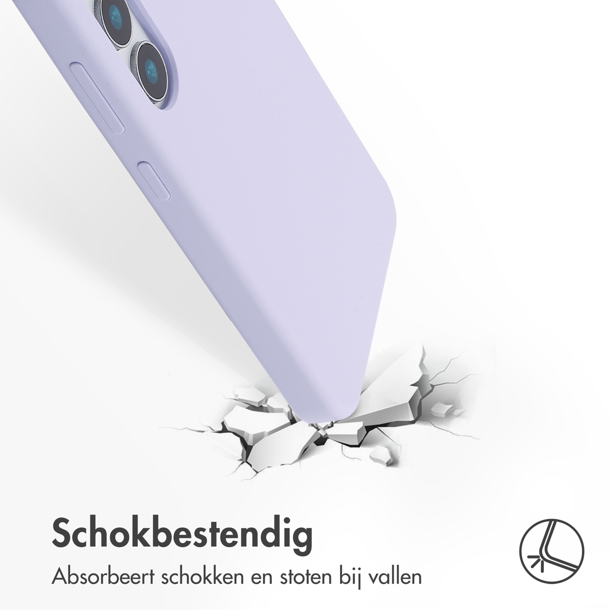 Paars telefoonhoesje dat de grond kraakt na impact, benadrukt schokabsorptie.
