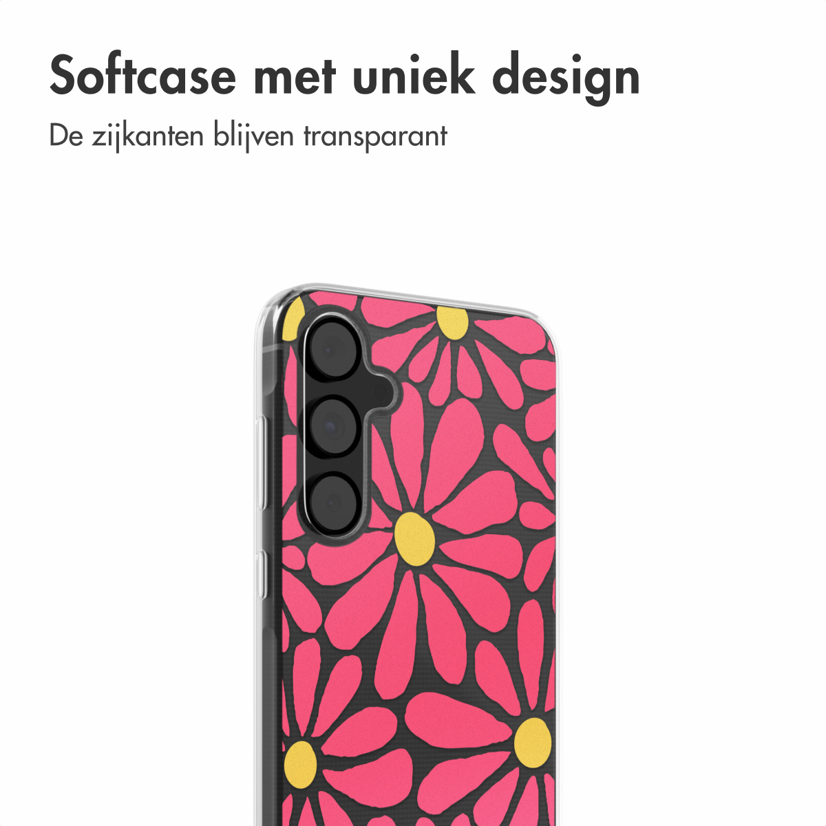 Close-up van een telefoon met een roze bloemenhoesje, met gele centra, zwarte achtergrond.