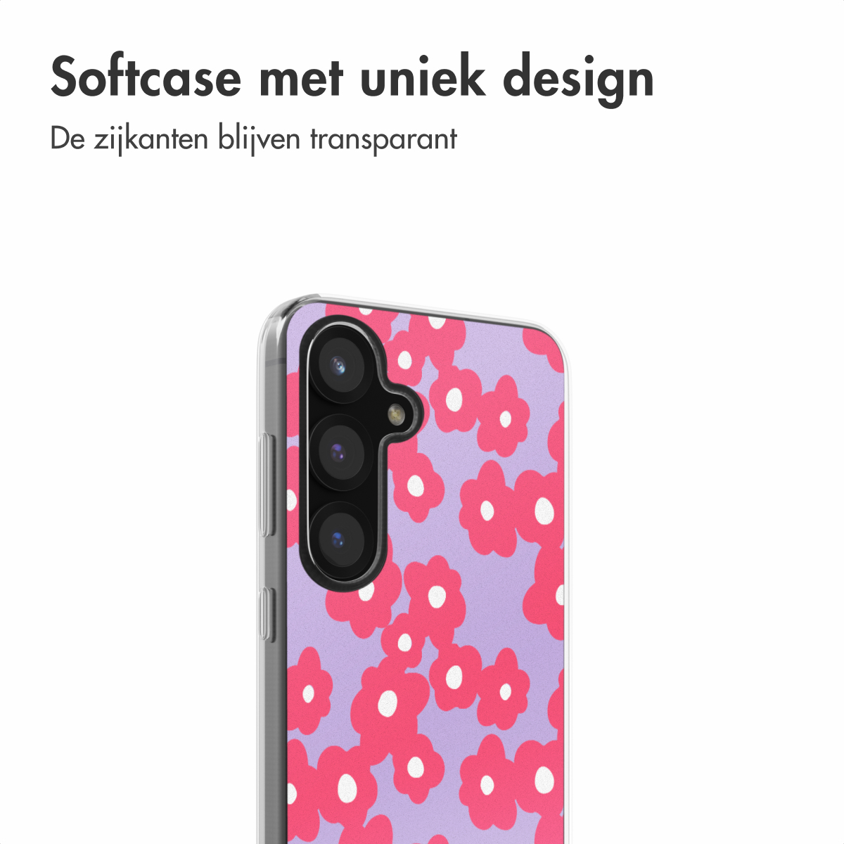 Telefoonhoesje met roze bloemen op een paarse achtergrond. Het hoesje is transparant.