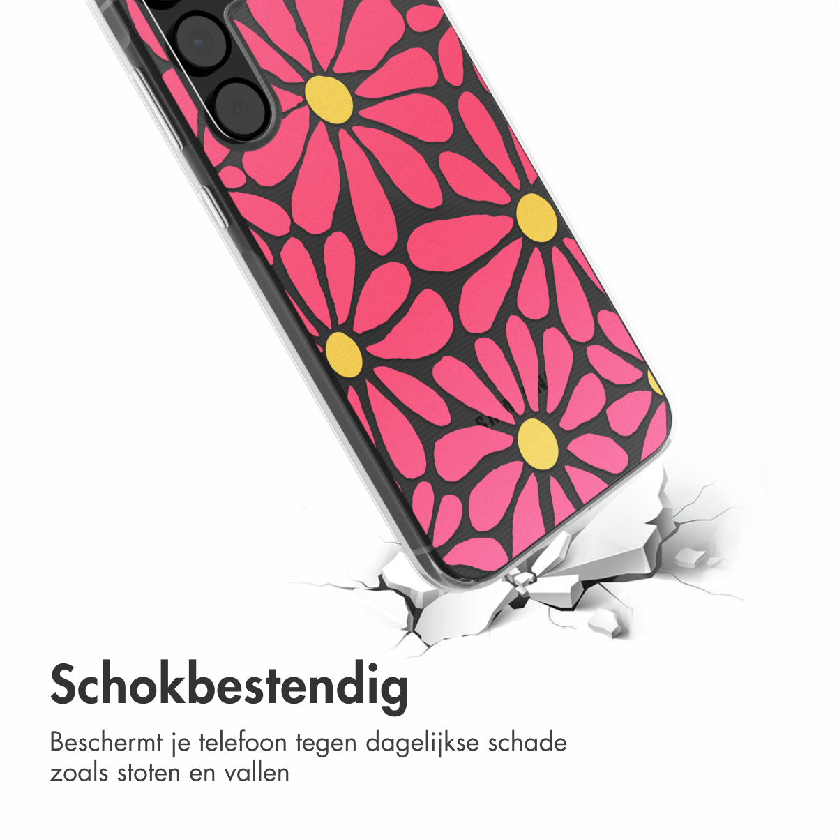 Telefoonhoesje met bloemenpatroon, dat een oppervlak breekt, en schokbestendigheid toont.