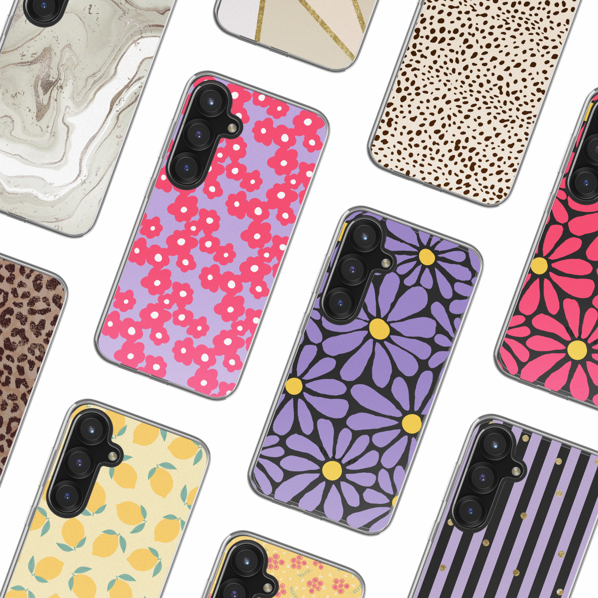 Telefoonhoesjes in diverse designs: bloemen, dierenprint, strepen en andere patronen op witte ondergrond.