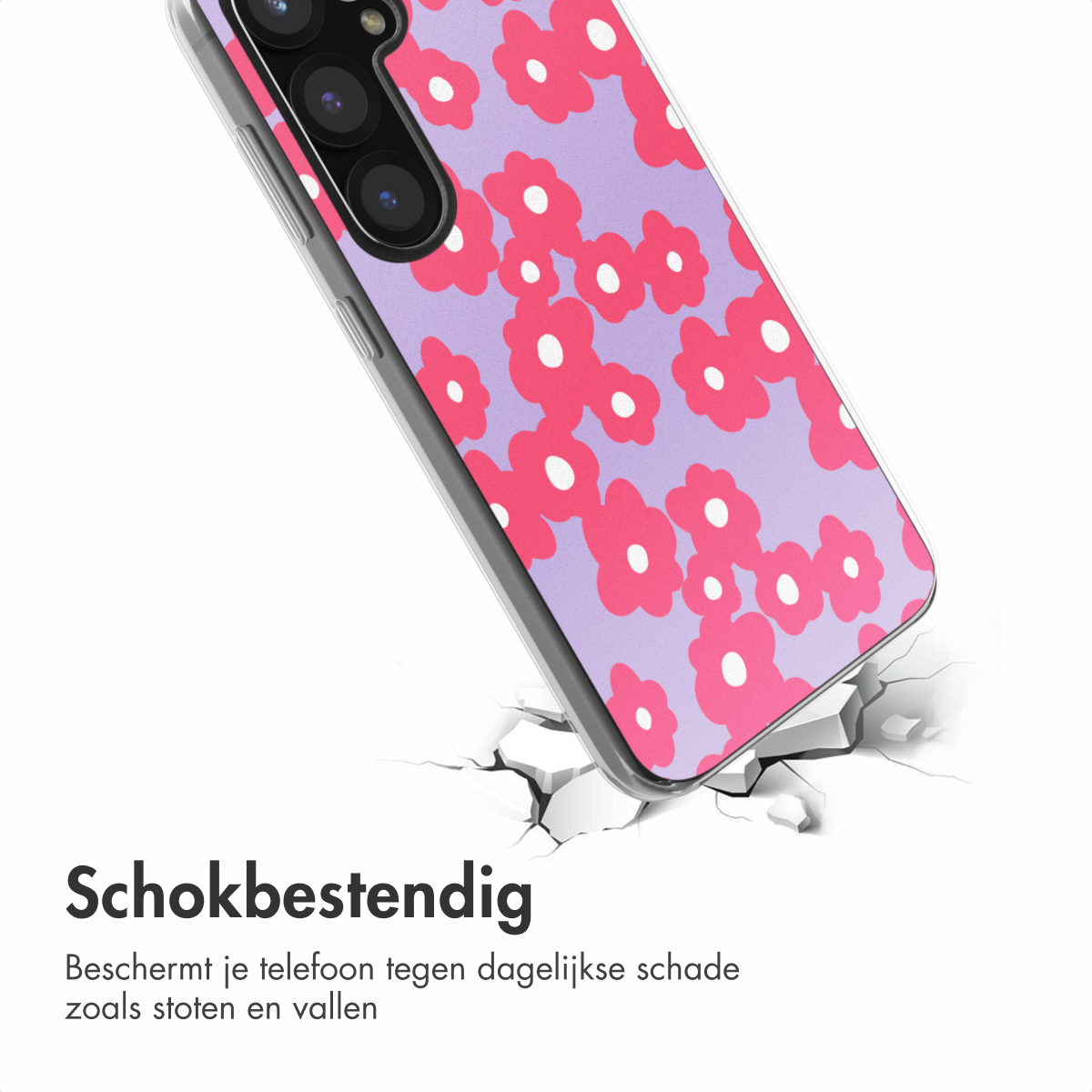 Een telefoonhoesje met een paars en roze bloemmotief op een gebarsten oppervlak.