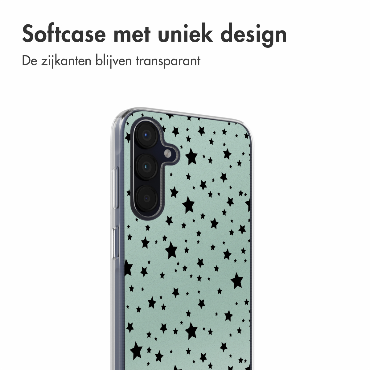 Coque de téléphone avec étoiles noires sur fond vert clair. Le texte décrit une coque souple au design unique.