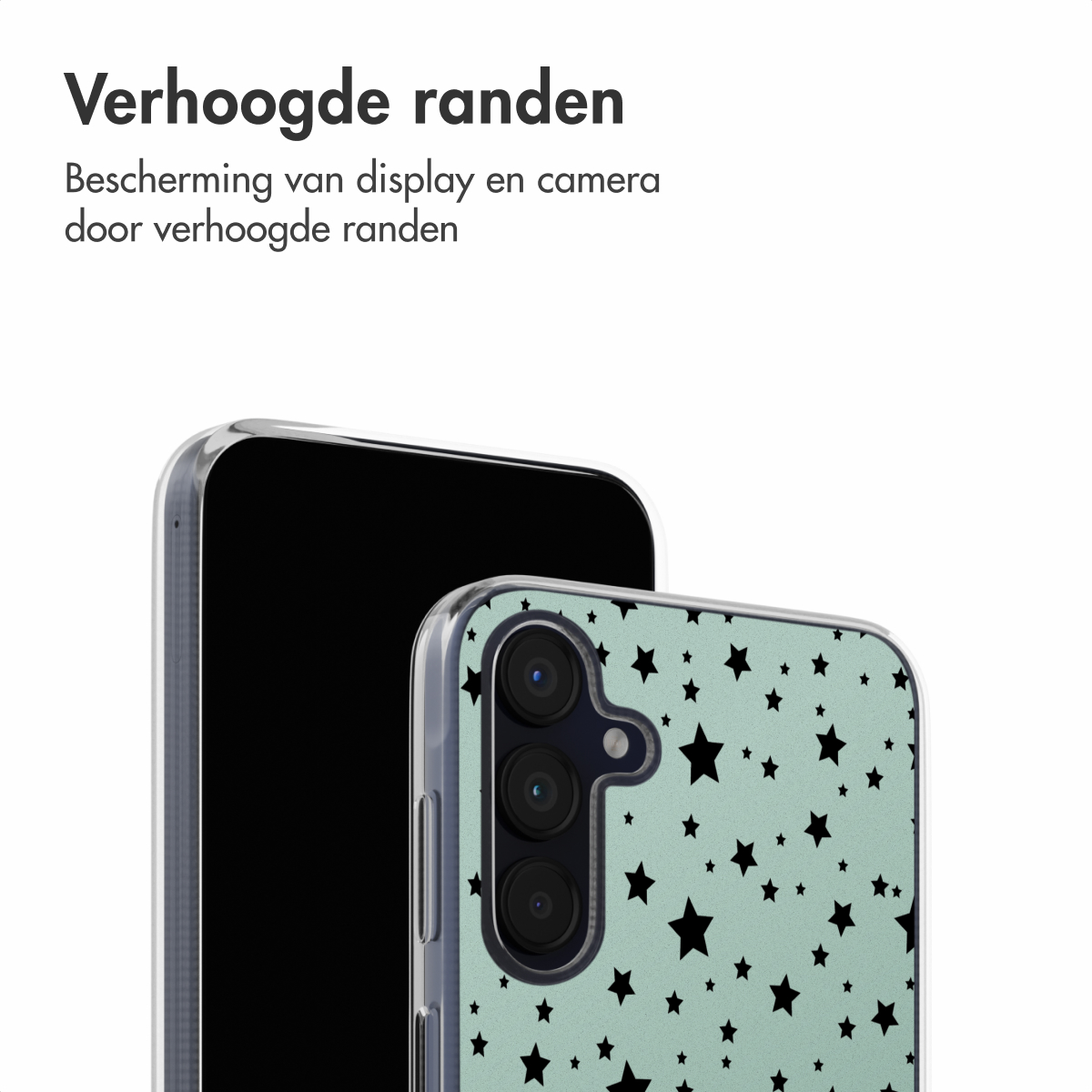 Coque de téléphone avec étoiles noires sur fond menthe, téléphone partiellement visible.