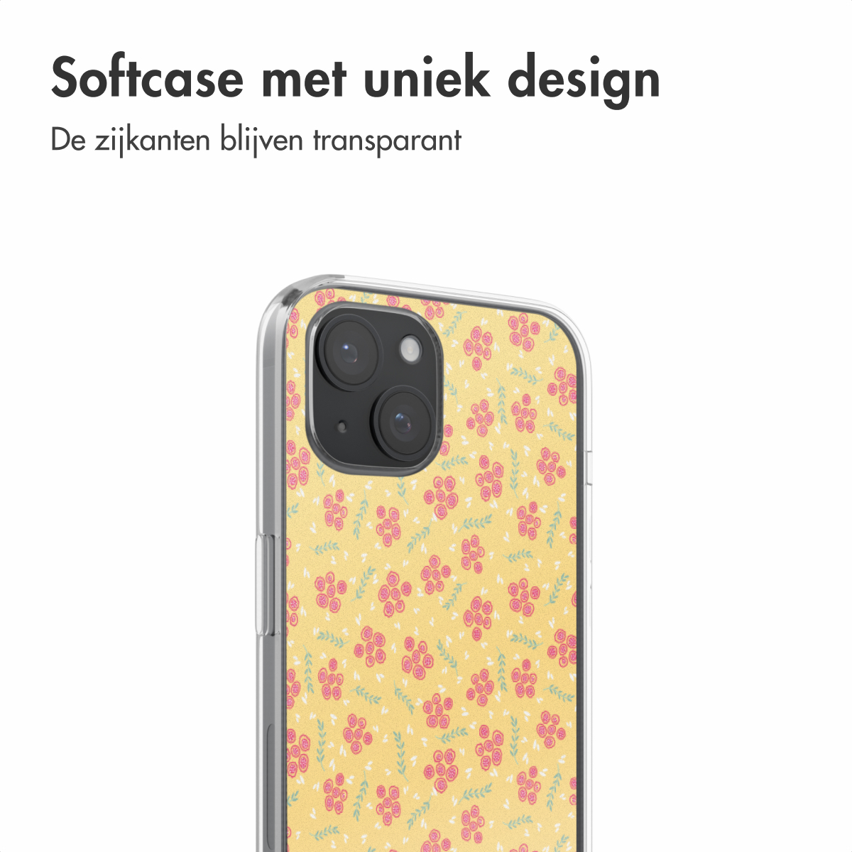 Transparante telefoonhoes met geel bloemenpatroon op een witte achtergrond.