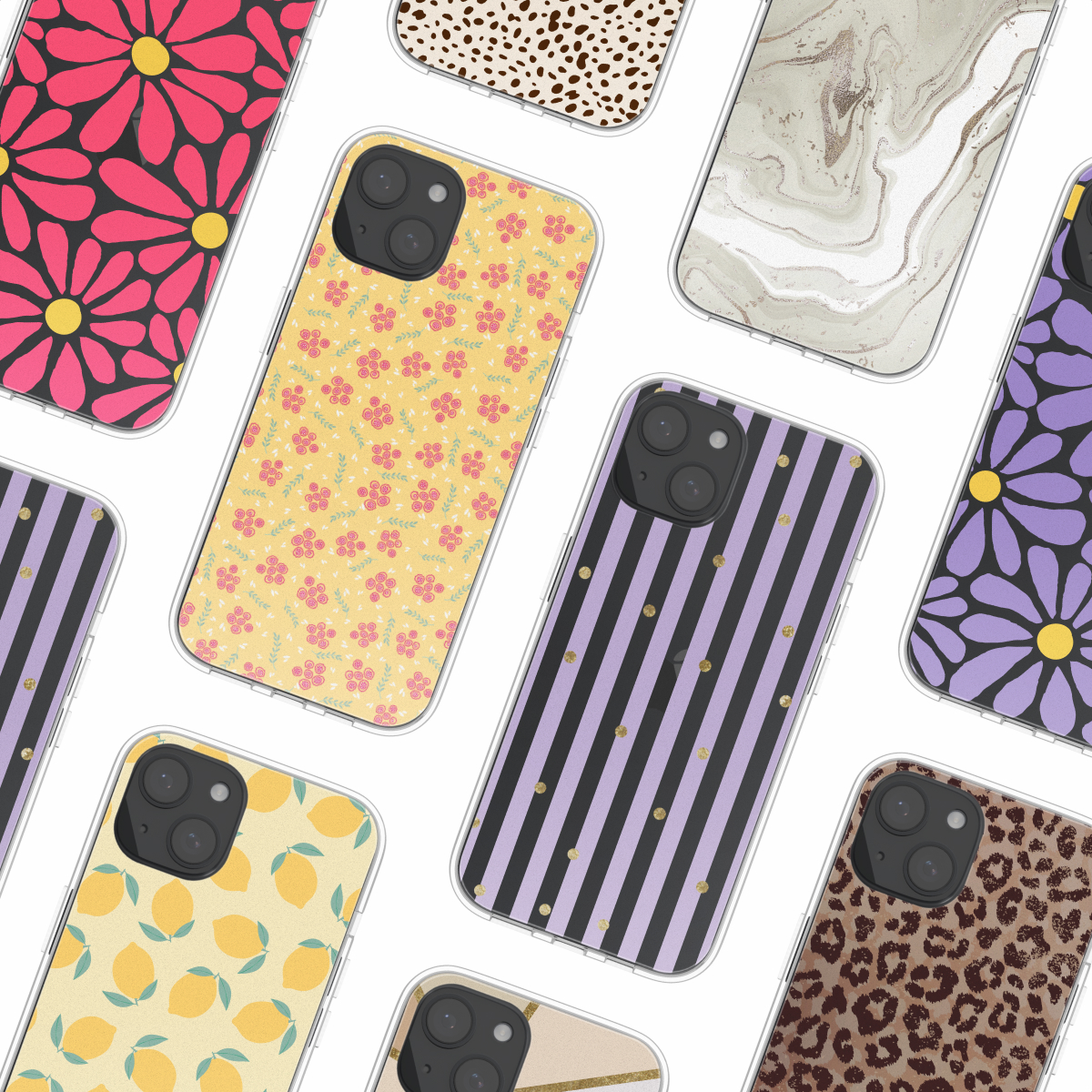 Meerdere telefoonhoesjes met verschillende patronen, waaronder bloemen, strepen en dierenprints.