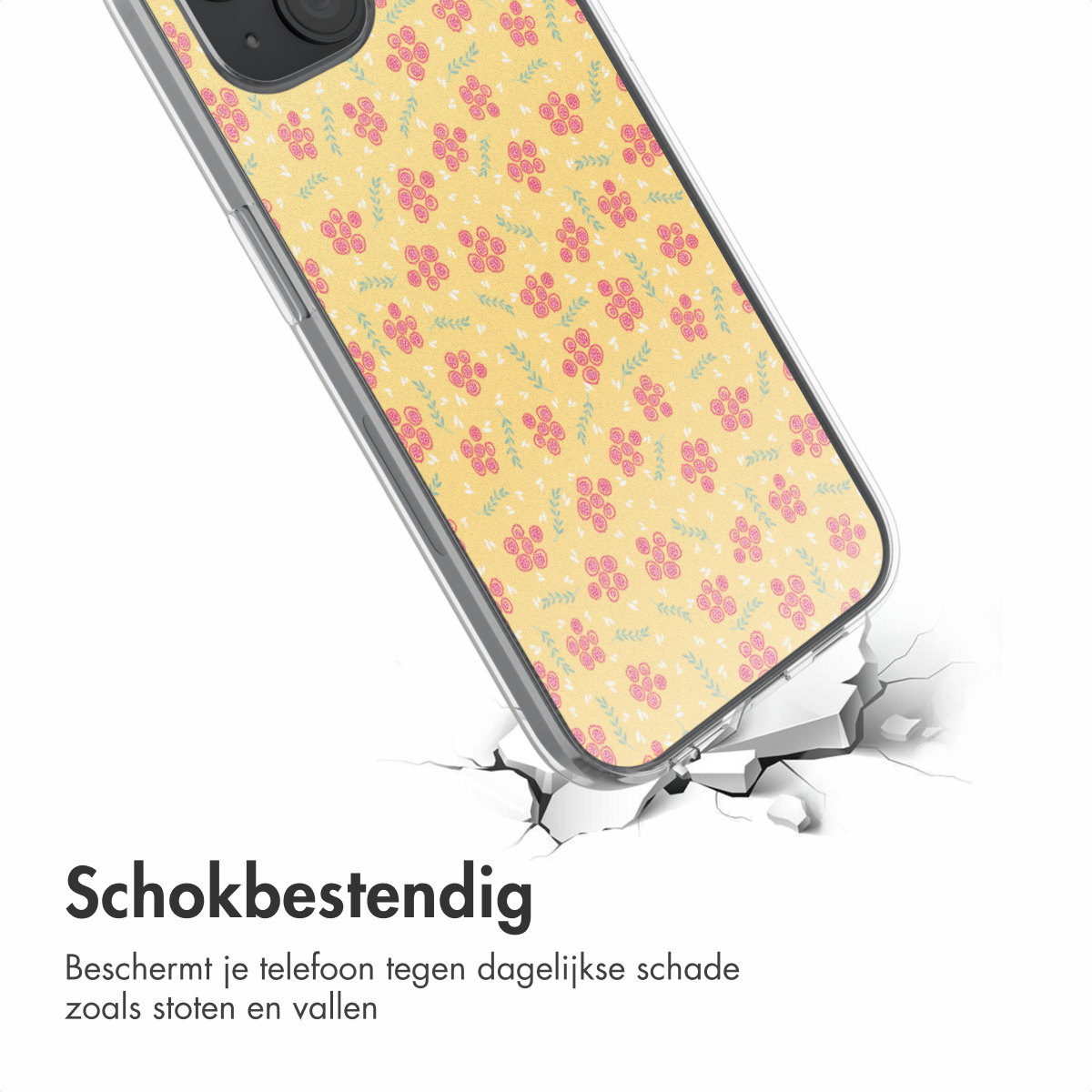 Een telefoonhoesje met een bloemenpatroon breekt de grond. Het woord Schokbestendig is geschreven.