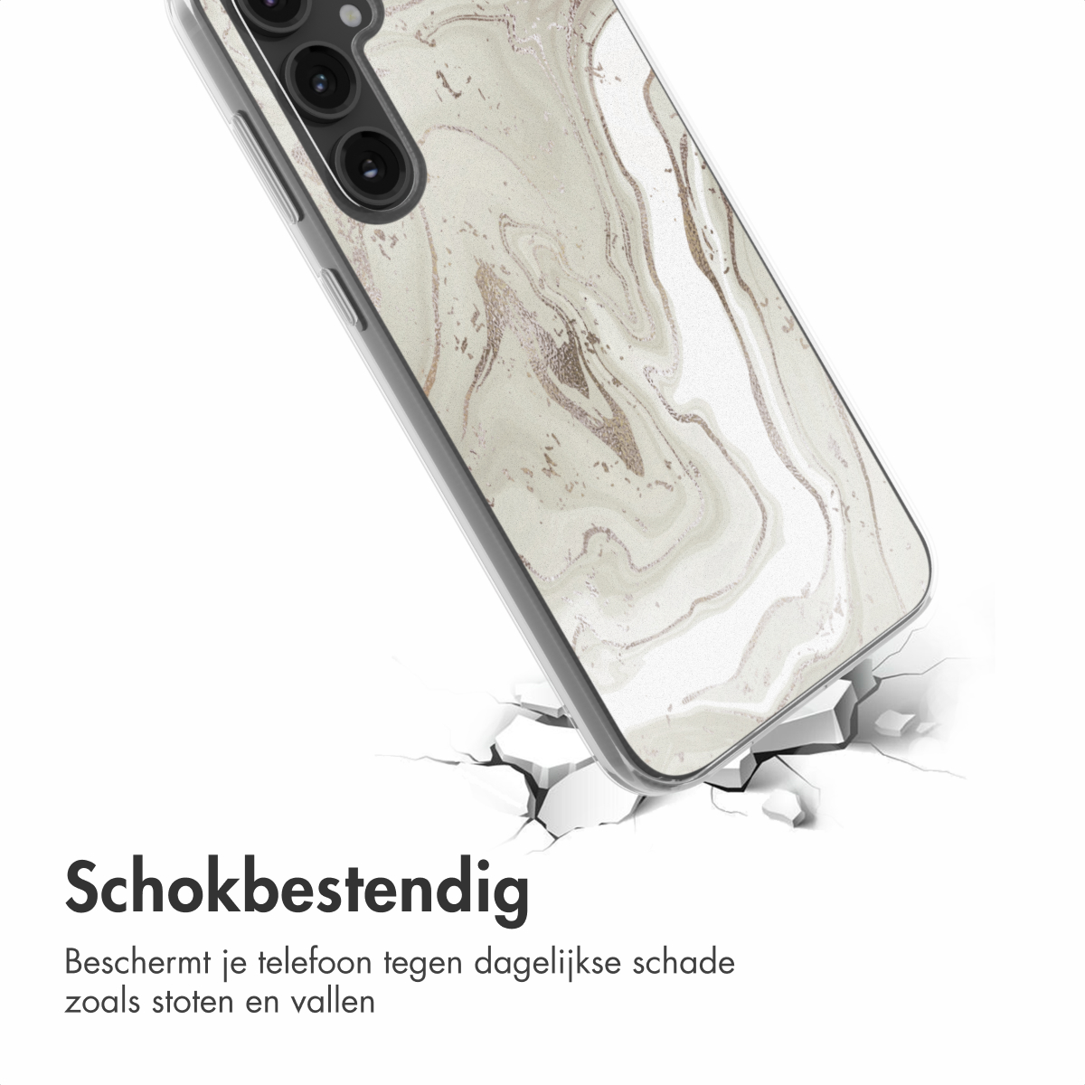 Een telefoon in een hoesje met een marmerontwerp, op een wit oppervlak met scheuren, met tekst eronder, op een witte achtergrond.
