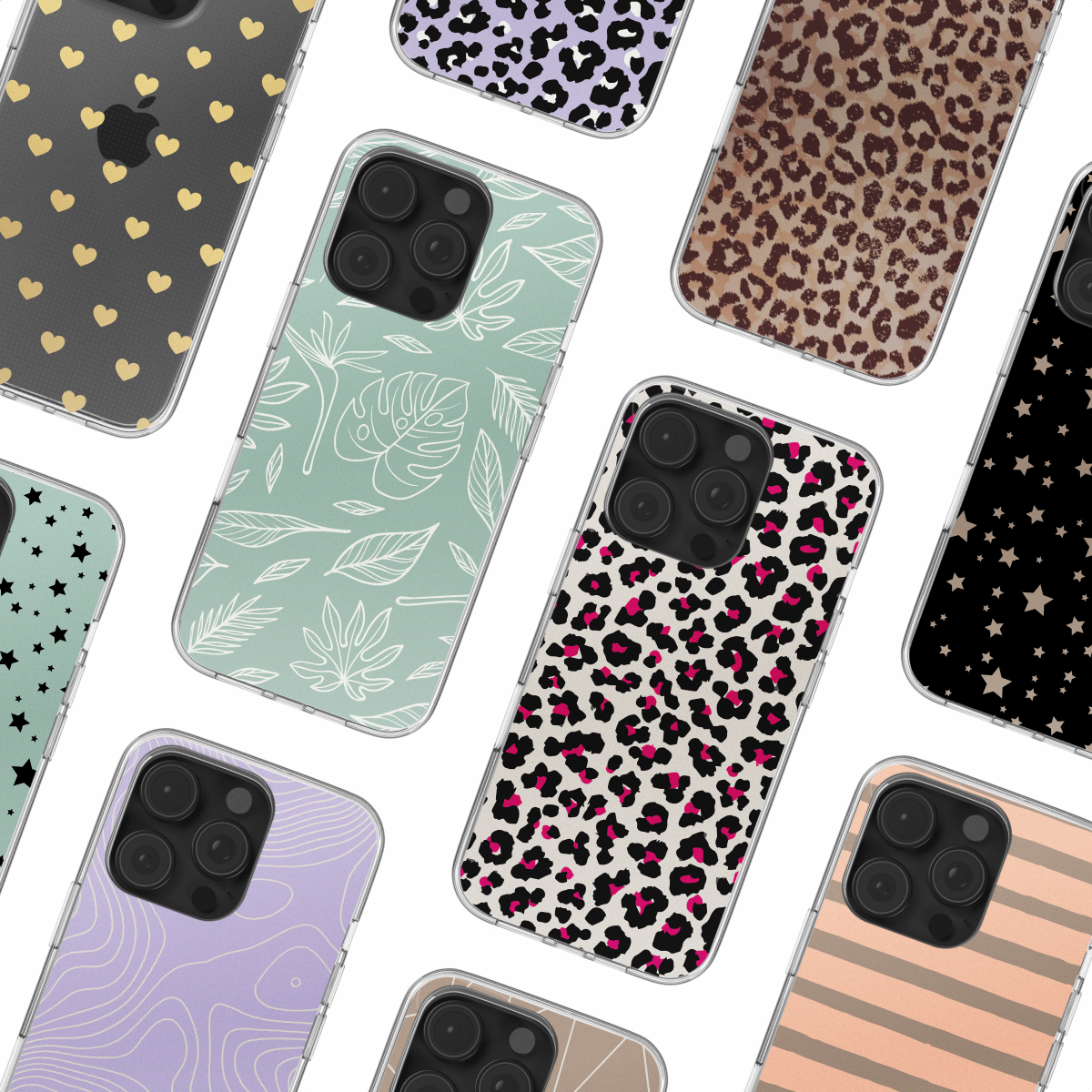 Meerdere telefoonhoesjes met verschillende ontwerpen. Patronen omvatten harten, sterren, bladeren en dierenprints.