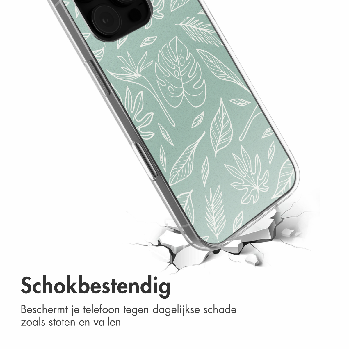 Een telefoonhoesje met groen bloemenpatroon valt. De achtergrond is wit.
