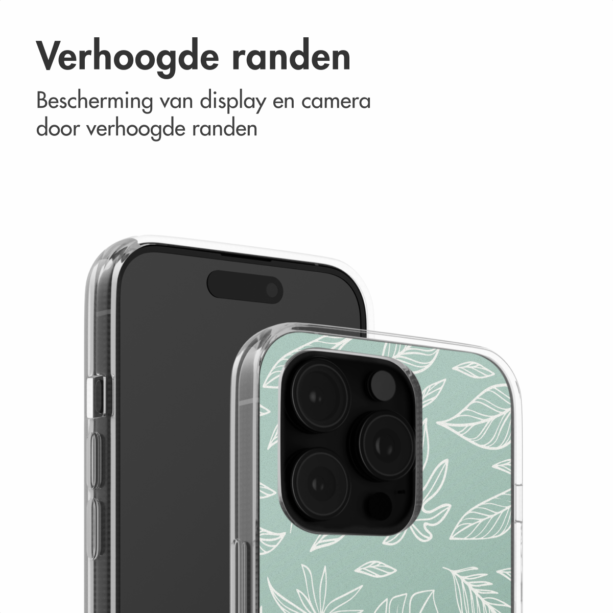 Telefoonhoesje met bladerdesign, beschermt een telefoon. Design en verhoogde randen zichtbaar.