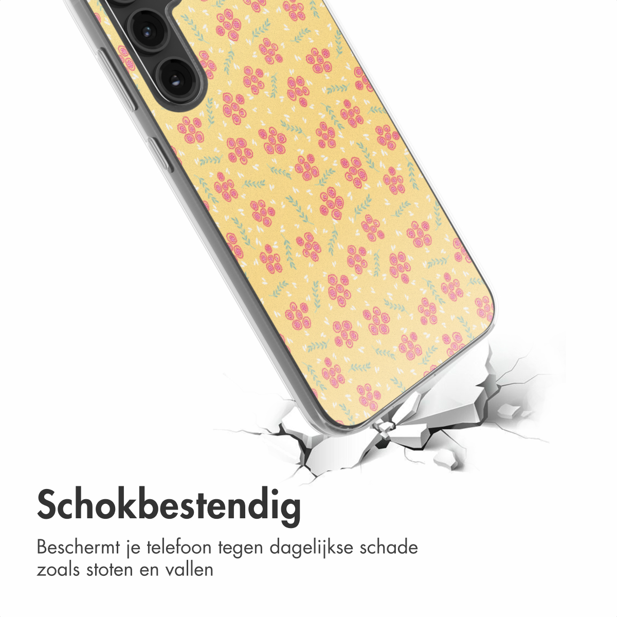 Telefoonhoesje met bloemenpatroon, dat een oppervlak breekt, en schokbestendigheid toont.