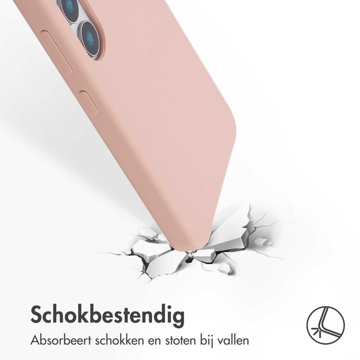 Roze telefoonhoesje dat valt en de grond breekt. Het hoesje staat iets schuin.