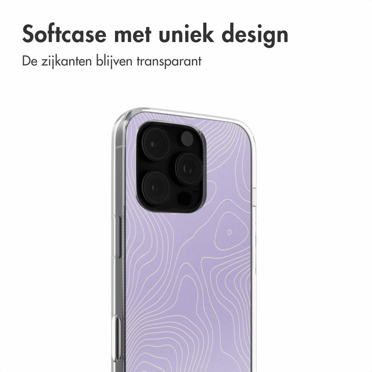 Telefoonhoesje met een paars en wit patroon. De hoes is transparant en toont de achterkant.