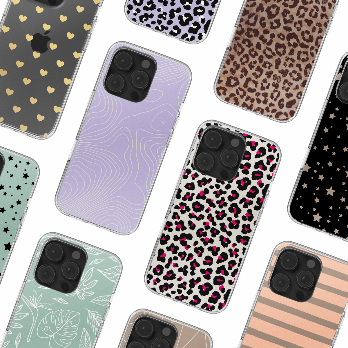 Collectie telefoonhoesjes met diverse designs: luipaardprint, sterren, harten en patronen.