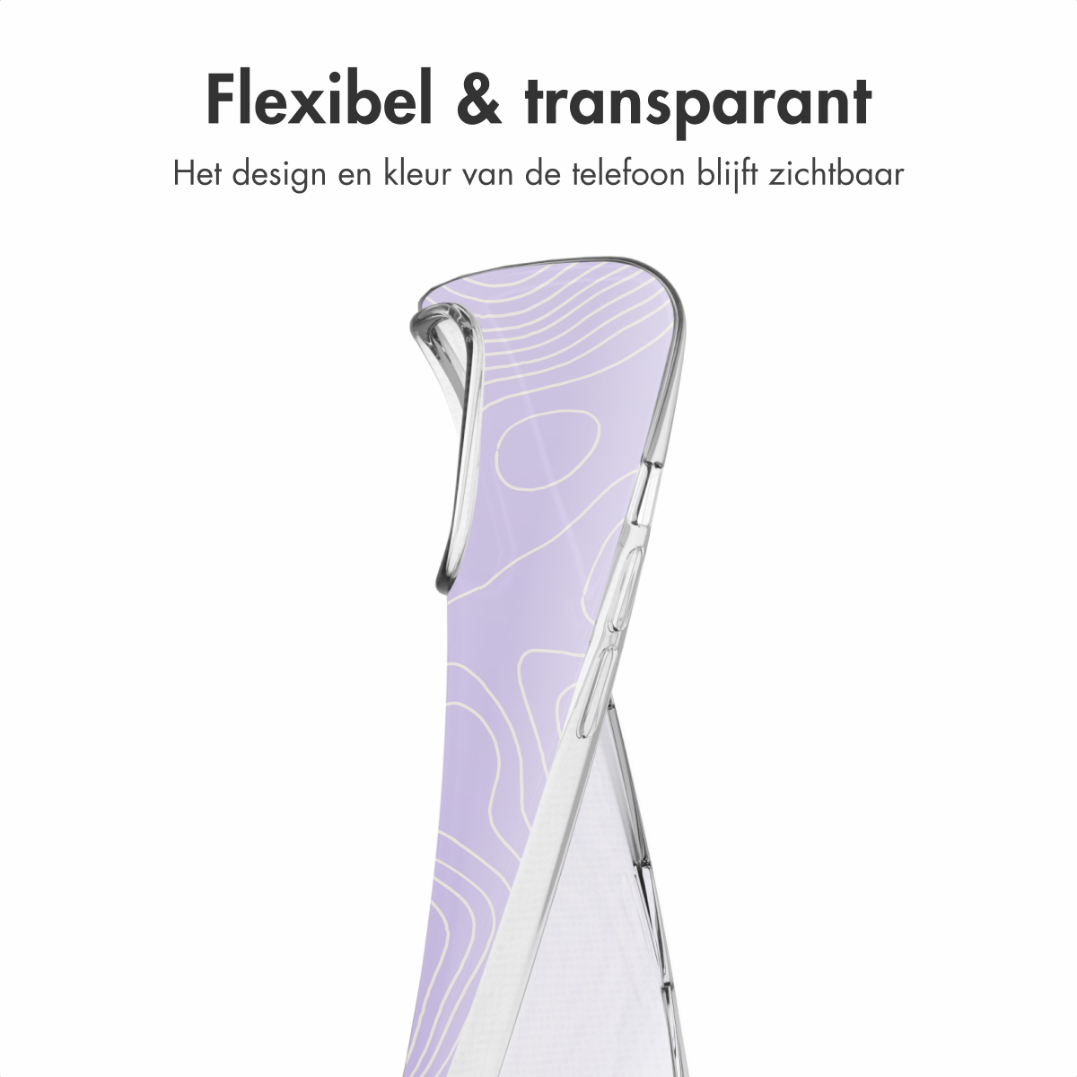 Een transparante telefoonhoes met een paars golfontwerp, waarbij de kleur van de telefoon zichtbaar is.