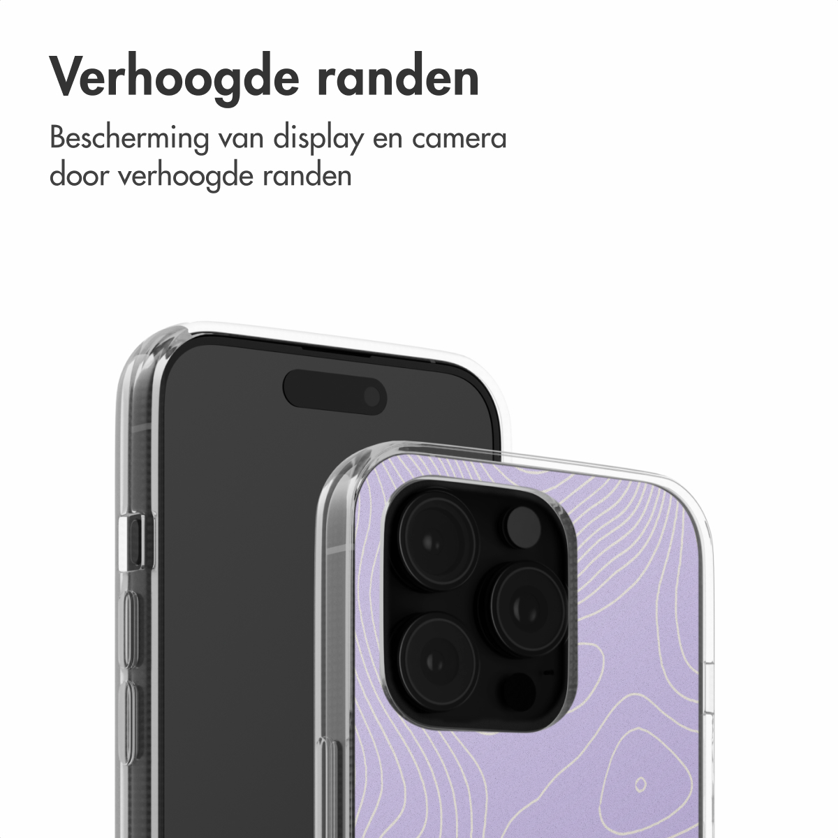 Een telefoonhoesje met een paars ontwerp naast een zwarte telefoon. Tekst over schermbescherming.