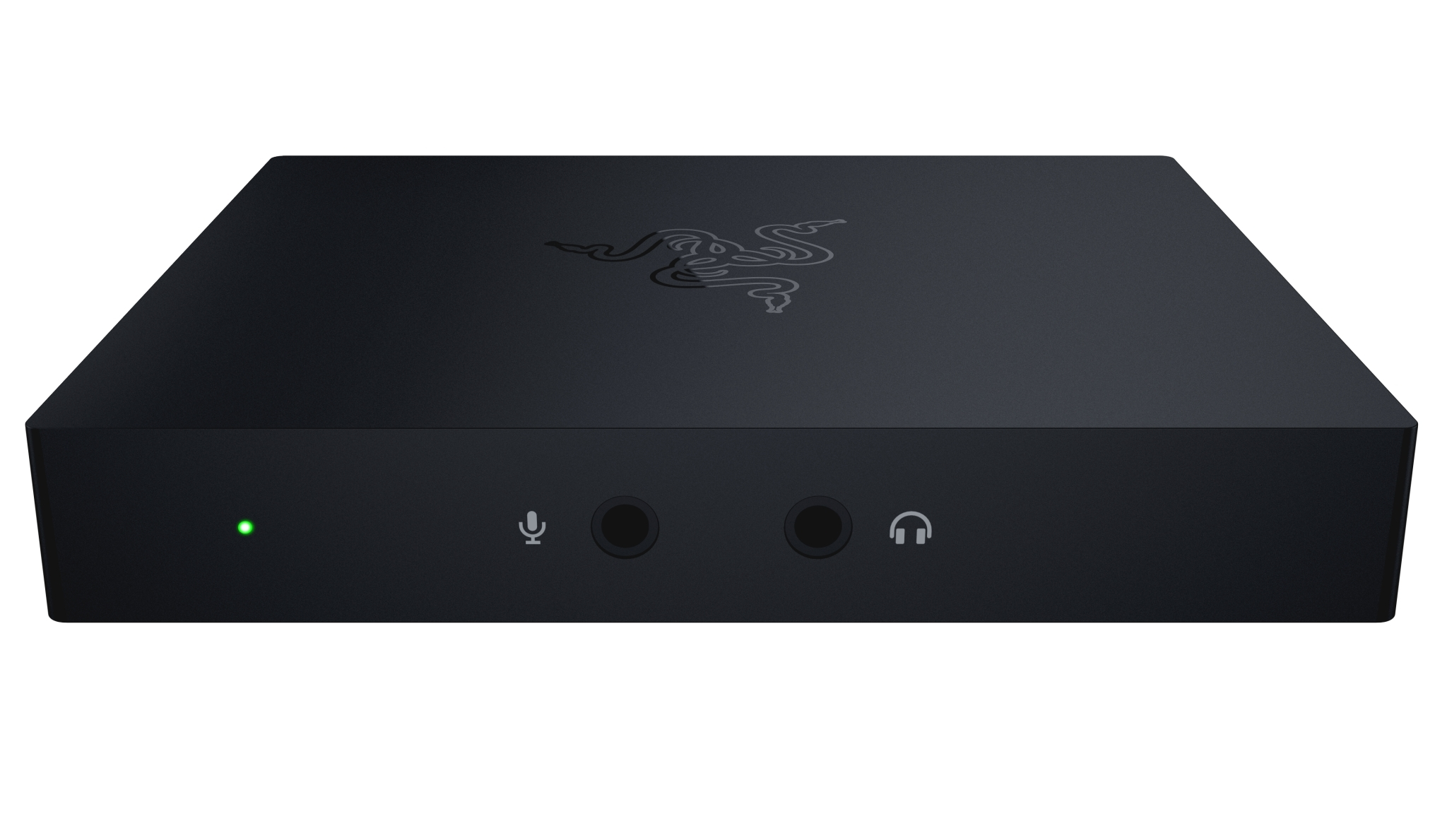 Dispositivo de audio Razer negro con conectores de micrófono y auriculares, y una luz verde.