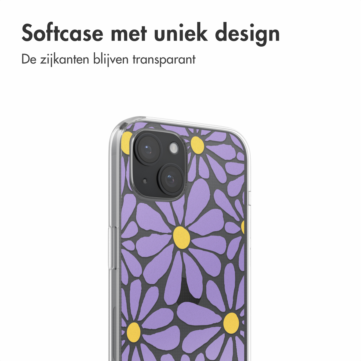 Transparante telefoonhoes met paars bloemenpatroon. Camera en knoppen van de telefoon zichtbaar.