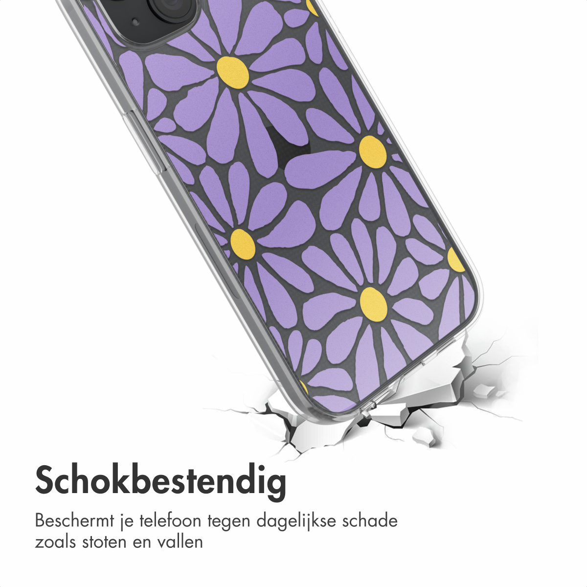 Telefoonhoesje met madeliefpatroon valt op een gebarsten grond. Schokbestendig.