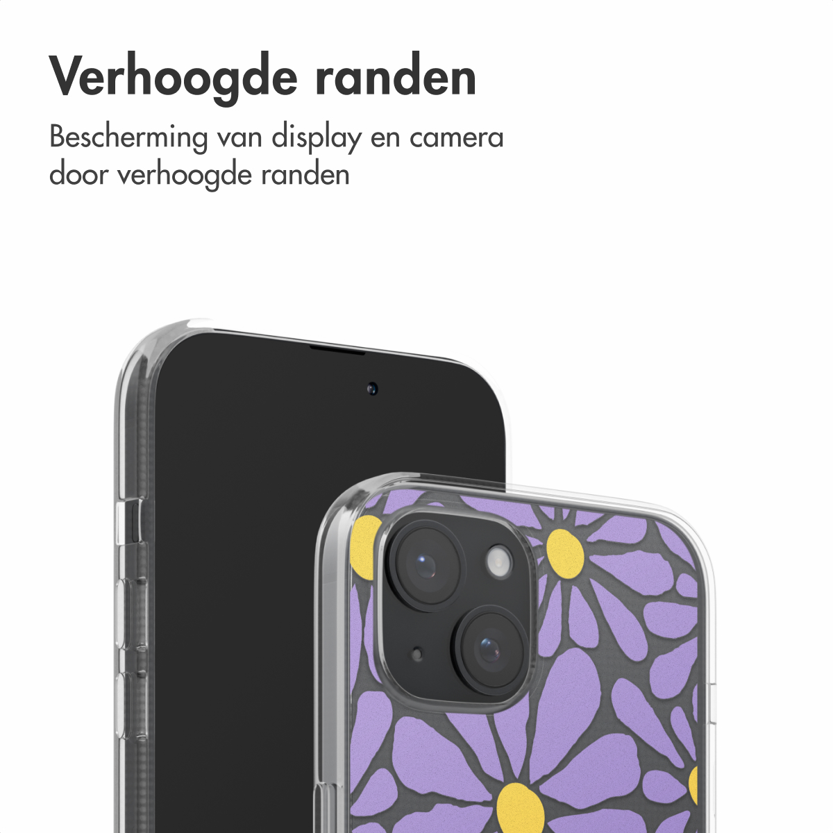 Een telefoon in een hoesje met een paars bloemendesign. Tekst: Verhhoogde randen. Het hoesje heeft verhoogde randen.